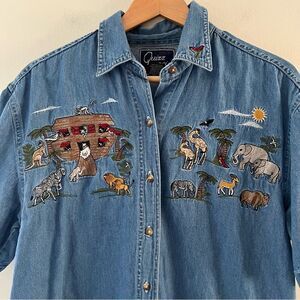 Vintage Embroidered Denim Shirt Button Noah’s Arc Novelty Size Medium Hong Kong
